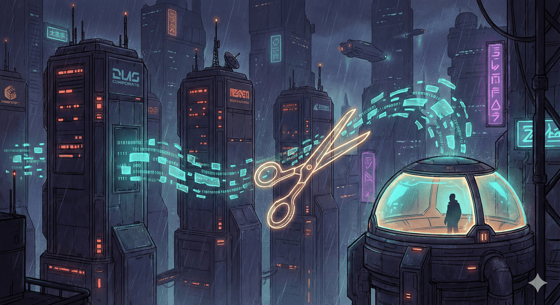 Data broker opt-out process with scissors cutting personal data connections from Spokeo and Whitepages