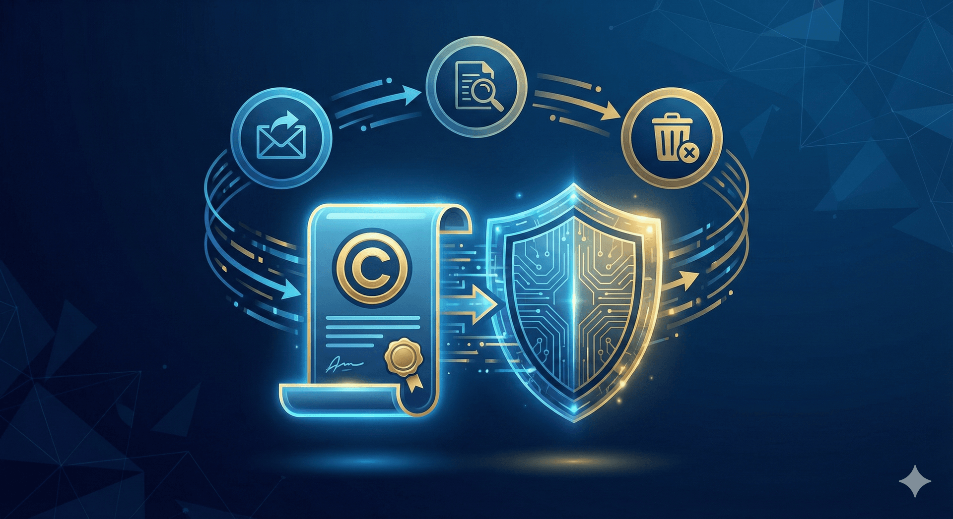 DMCA takedown process flowchart showing copyright document, review, and content removal steps