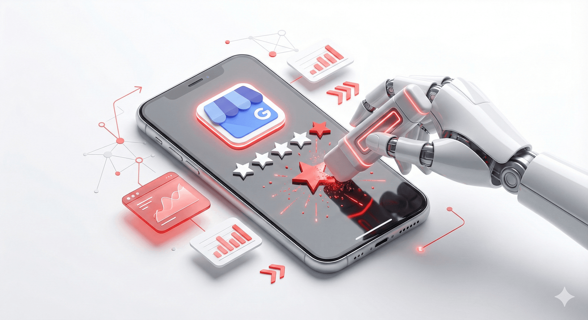 Remove fake Google reviews - smartphone with star ratings and robotic hand removing fraudulent review