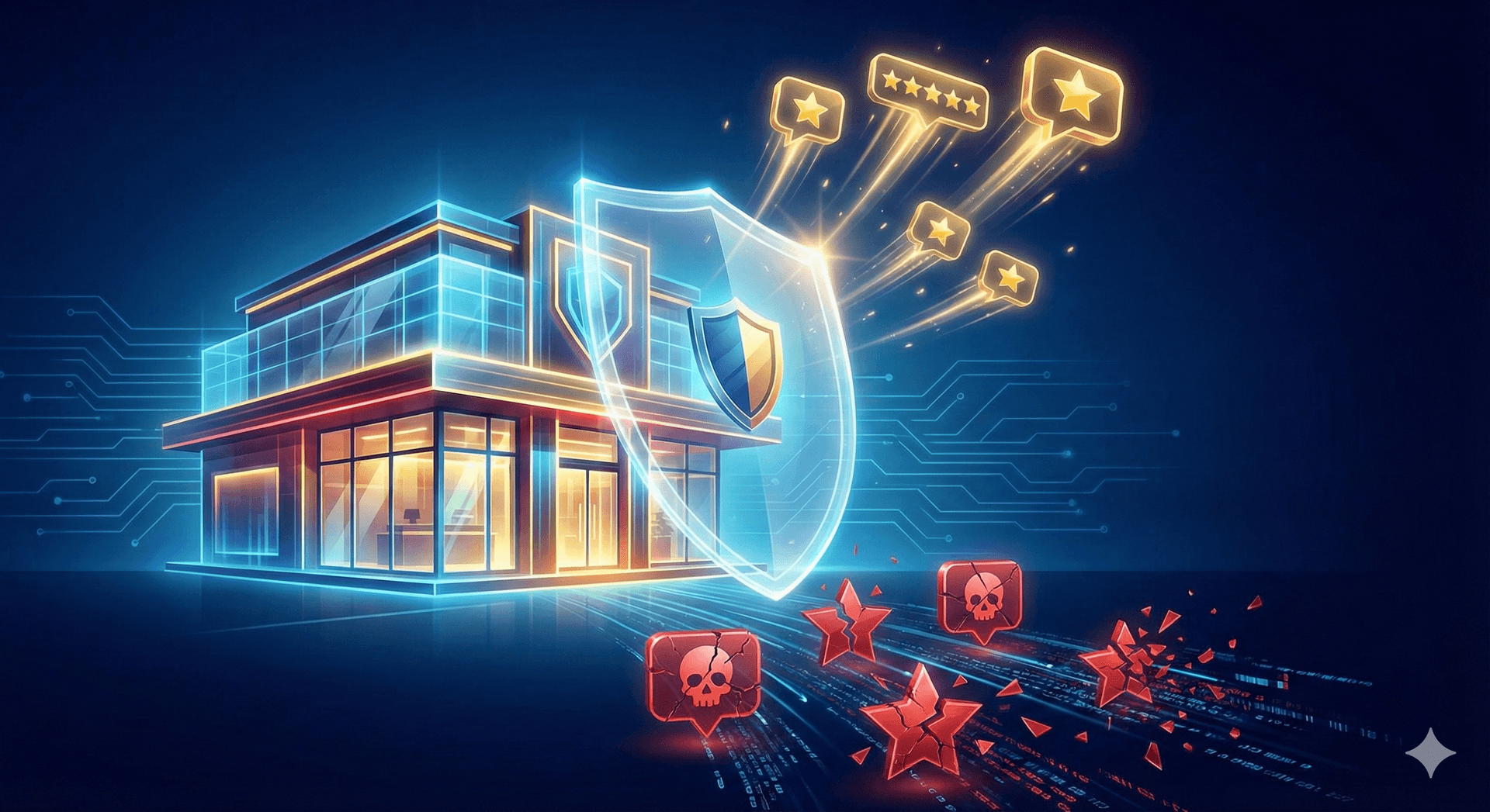 Business storefront protected by shield deflecting fake defamatory Google reviews in 2025