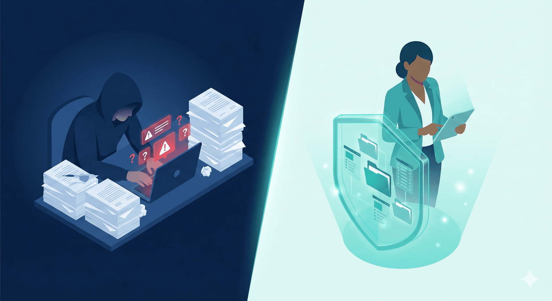 Split-screen comparison showing DIY removal struggles versus professional data protection services
