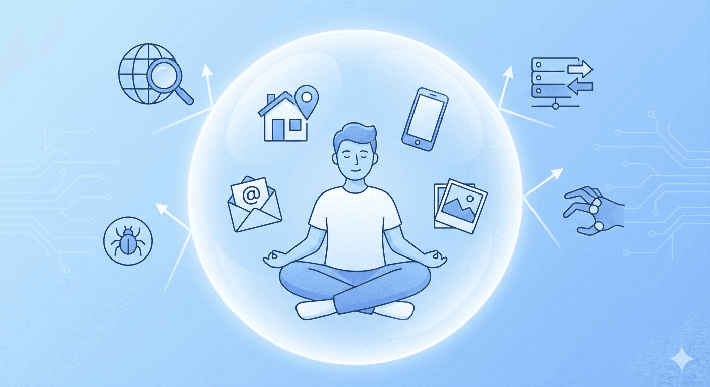 Protecting personal information online with digital security shield surrounding private data icons