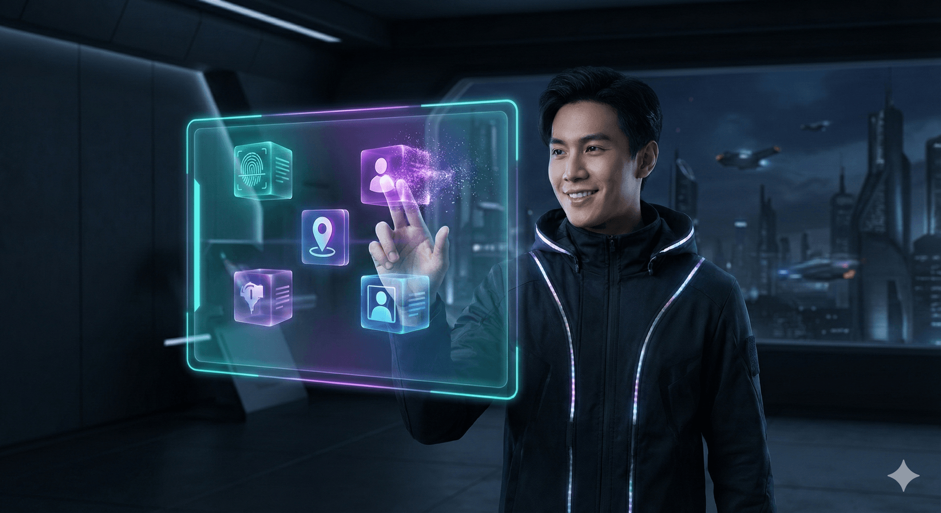 Person managing privacy dashboard with holographic interface for sensitive data removal